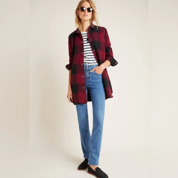 BB Dakota Anthropologie Eldridge Buffalo Plaid Jacket Shacket Dark Red Large - Picture 3 of 16